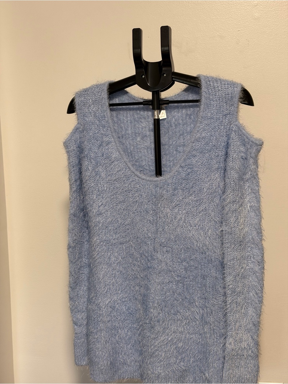 VENUS Light Blue Fuzzy Open Shoulder Scoop Neck Sweater